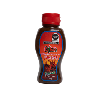 Empaque de pulpa bites jamaica stevia producto con botanas enchiladas Chilaca Chilitos