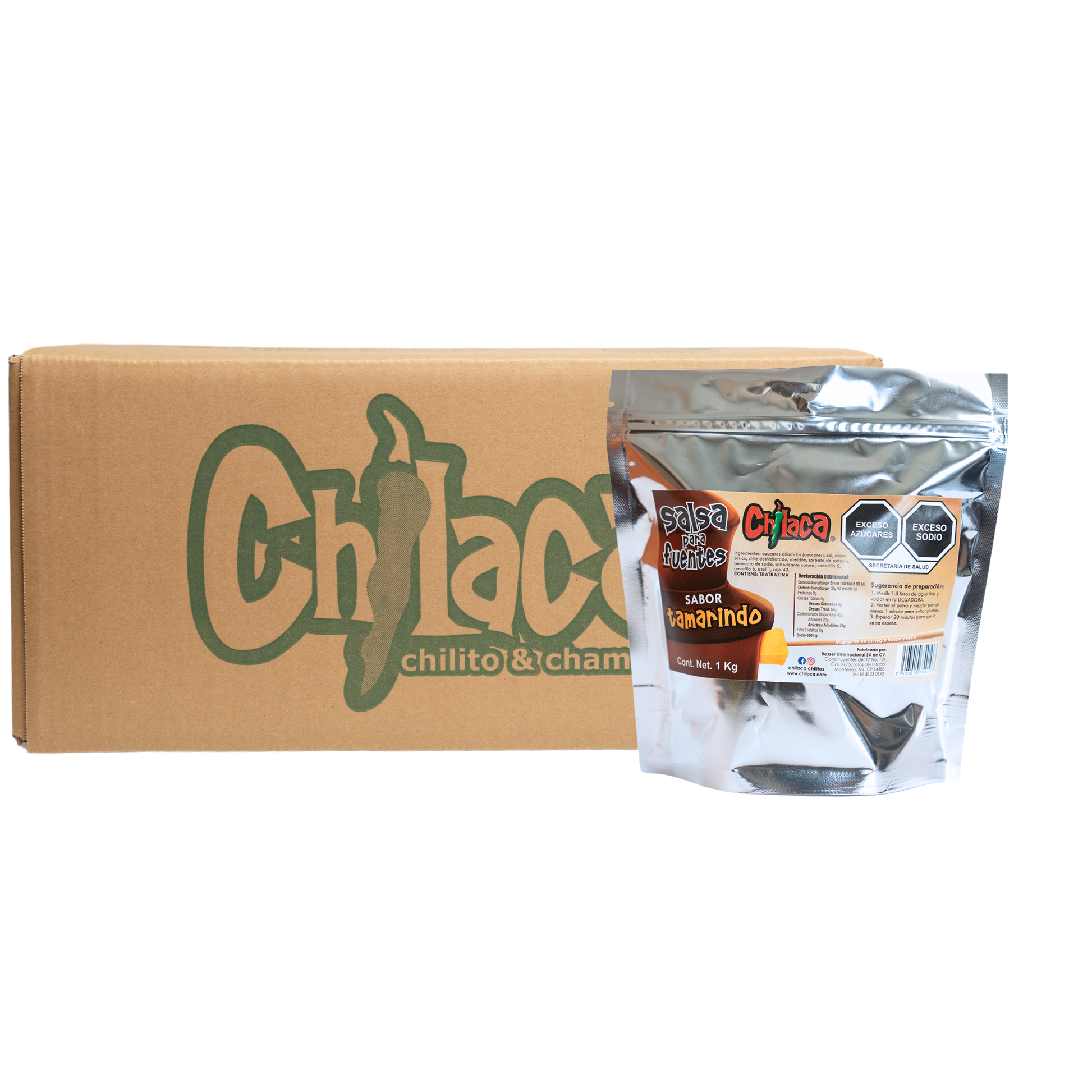 Textura de caja de salsa producto con snacks con chamoy Chilaca Chilitos