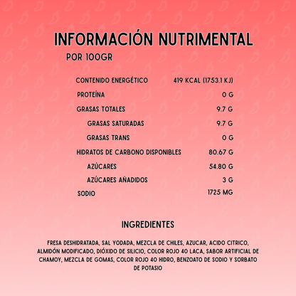 Detalle de fresa natural enchilada producto con botanas enchiladas Chilaca Chilitos