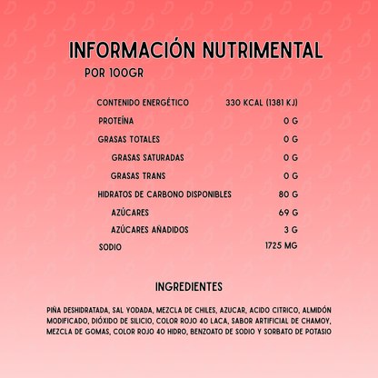 Detalle de piña natural enchilada producto con botanas enchiladas Chilaca Chilitos