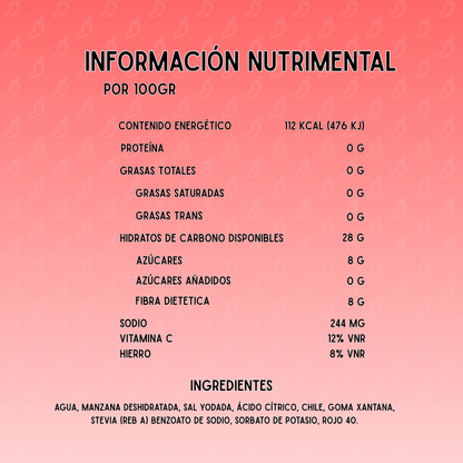 Detalle de pulpa bites manzana stevia producto con botanas enchiladas Chilaca Chilitos